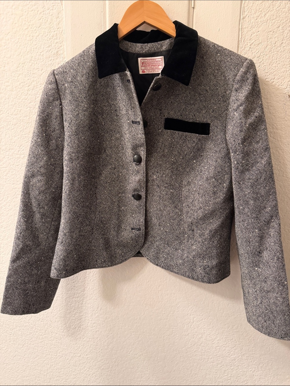 Pendleton Gray Wool Blend Cropped Jacket with Black Velvet Collar